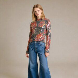 NWOT Farm Rio Shiny Chita Tulle Sequins Floral Multicolor Blouse Size M